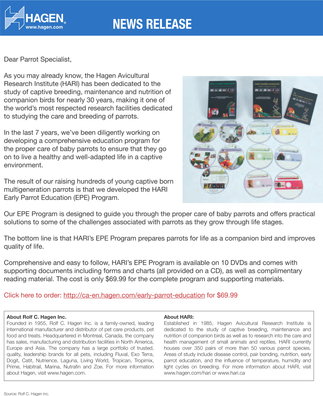 Hagen news release about HARI's parrot education program